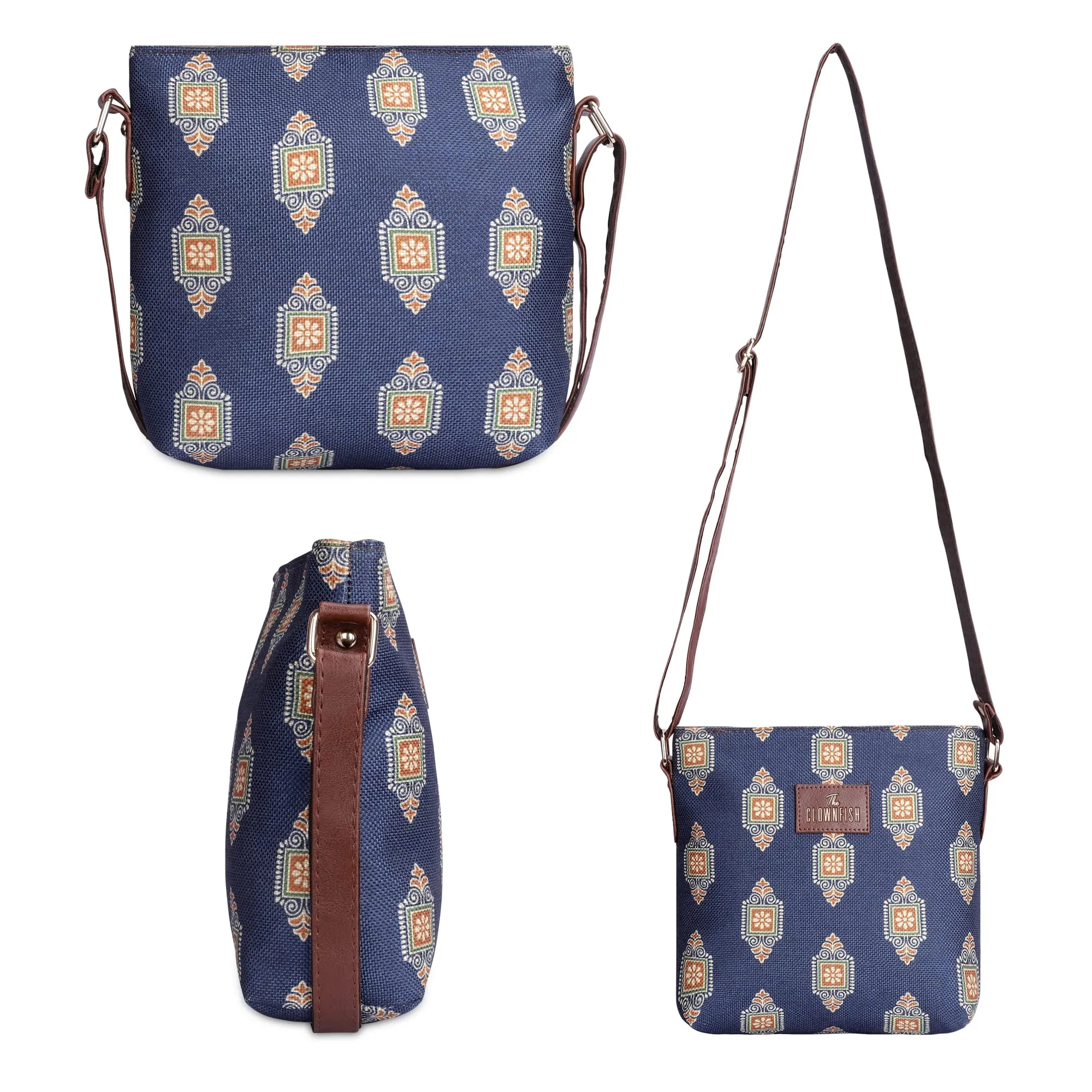 THE CLOWNFISH Aahna Printed Handicraft Fabric Crossbody Sling bag for Women Casual Party Bag Purse with Adjustable Shoulder Strap for Ladies College Girls (Dark Blue)