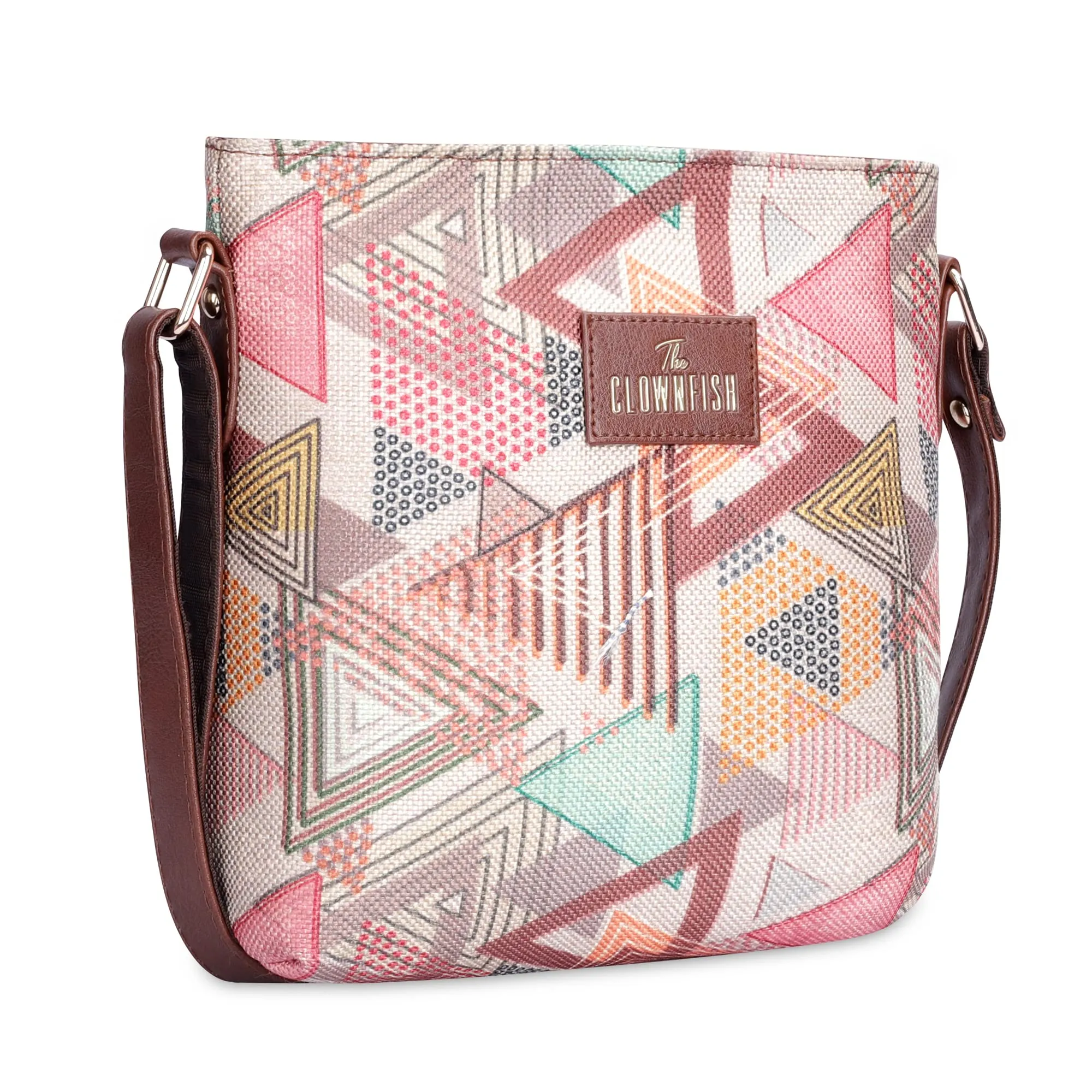 THE CLOWNFISH Aahna Printed Handicraft Fabric Crossbody Sling bag for Women Casual Party Bag Purse with Adjustable Shoulder Strap for Ladies College Girls (Multicolour-Triangle Design)