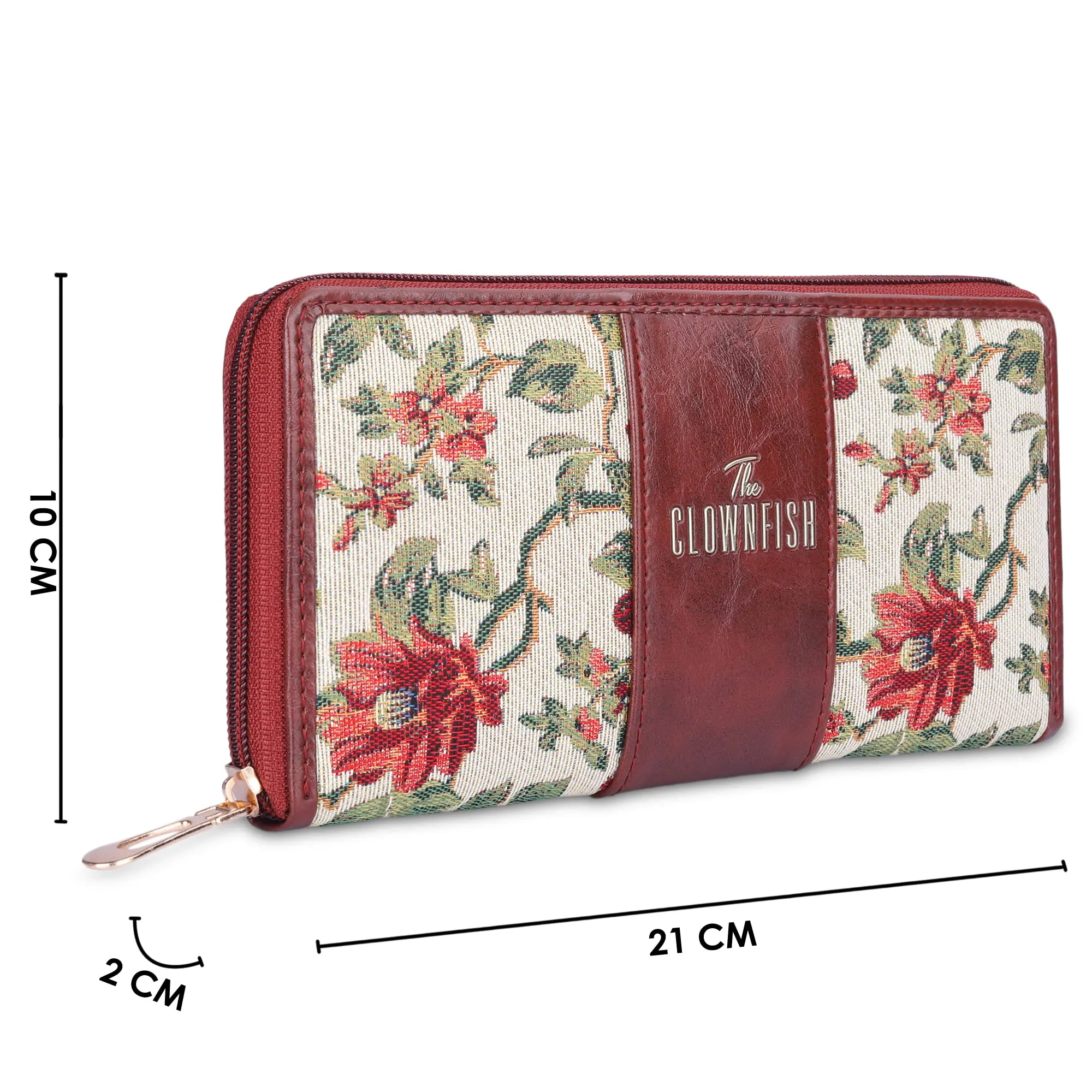 THE CLOWNFISH Aria Collection Tapestry Fabric & Faux Leather Zip Around Style Womens Wallet Clutch Ladies Purse with Card Holders (Off White- Floral)