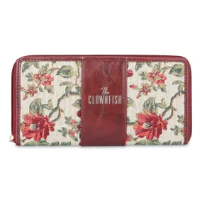 THE CLOWNFISH Aria Collection Tapestry Fabric & Faux Leather Zip Around Style Womens Wallet Clutch Ladies Purse with Card Holders (Off White- Floral)