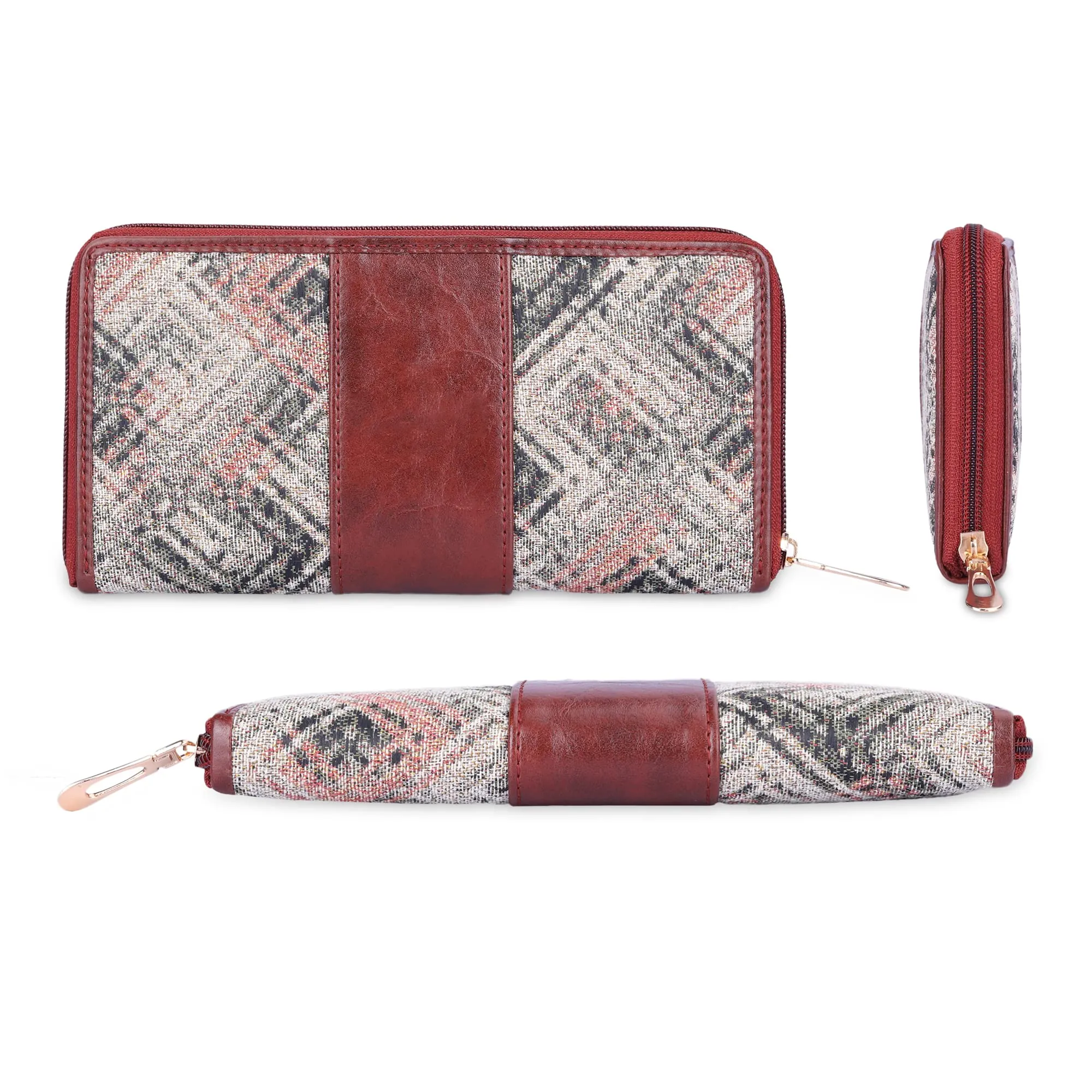 THE CLOWNFISH Aria Collection Tapestry Fabric & Faux Leather Zip Around Style Womens Wallet Clutch Ladies Purse with Card Holders (White-Checks)