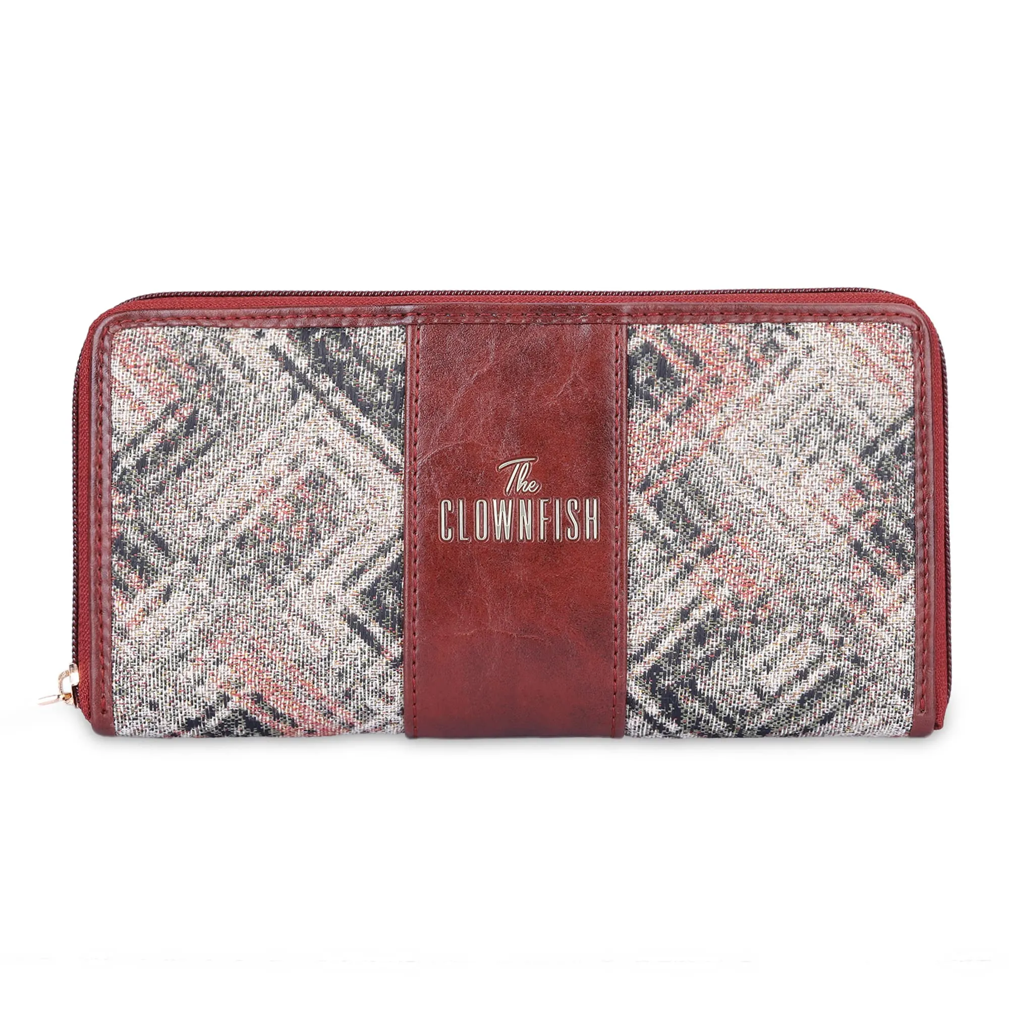 THE CLOWNFISH Aria Collection Tapestry Fabric & Faux Leather Zip Around Style Womens Wallet Clutch Ladies Purse with Card Holders (White-Checks)