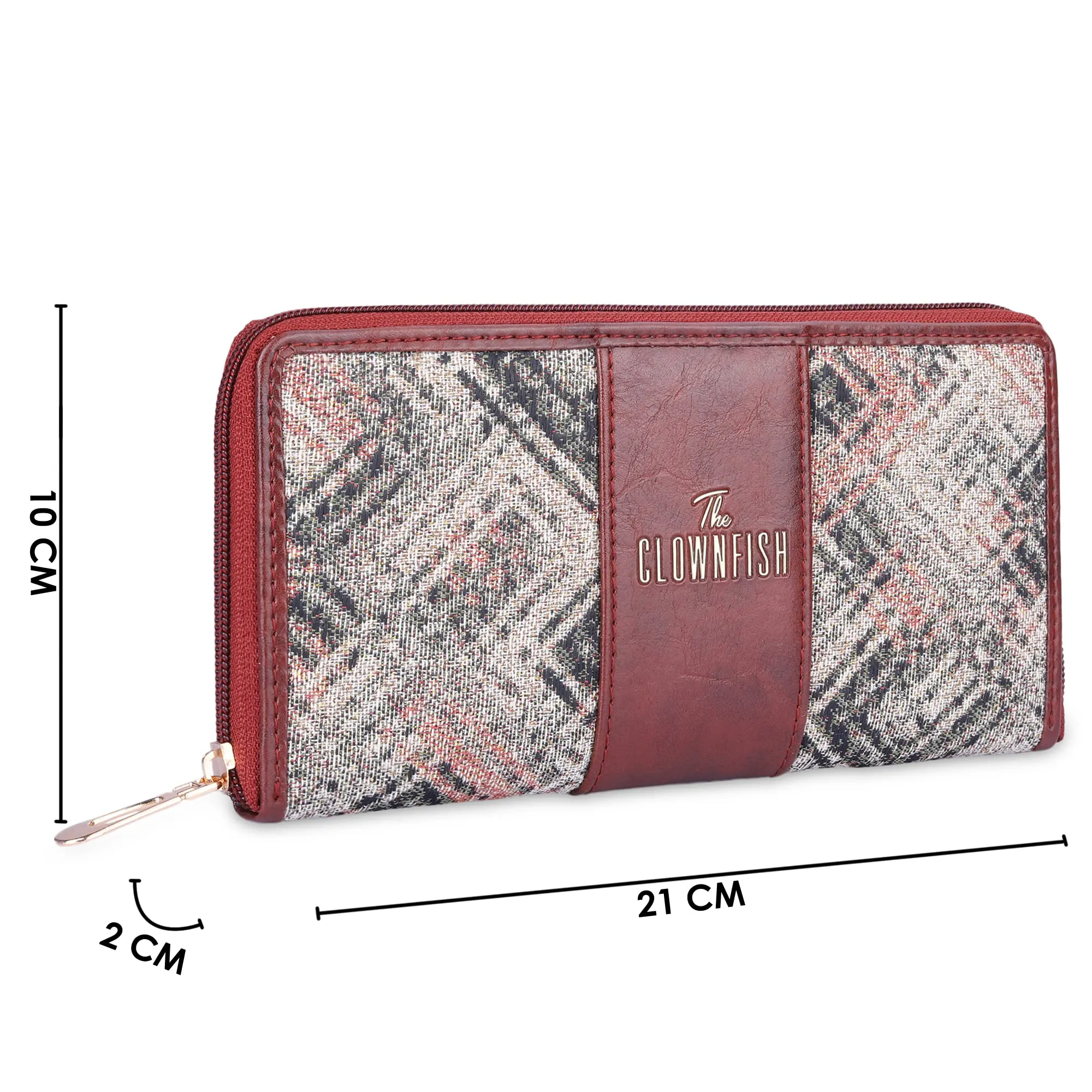 THE CLOWNFISH Aria Collection Tapestry Fabric & Faux Leather Zip Around Style Womens Wallet Clutch Ladies Purse with Card Holders (White-Checks)