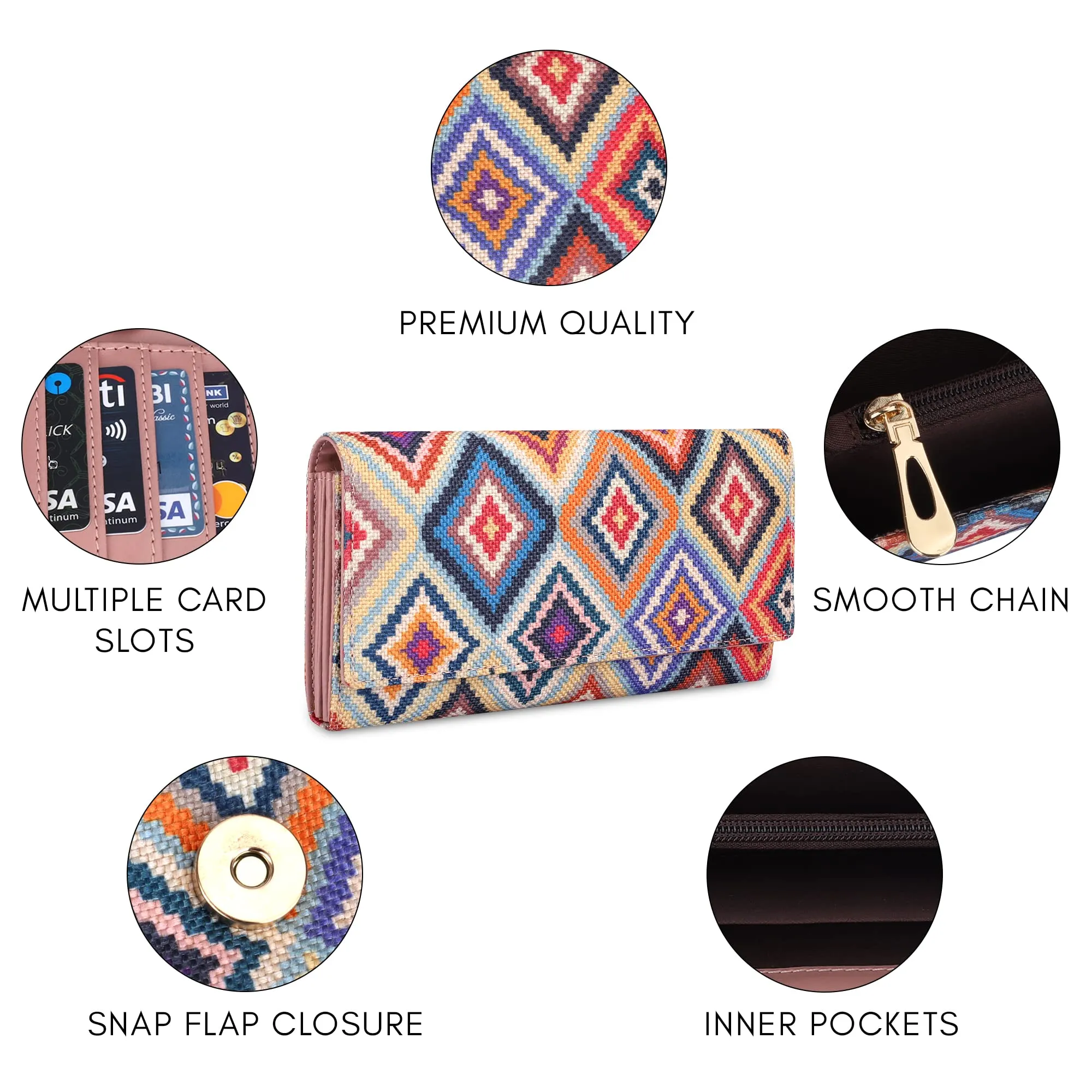 THE CLOWNFISH Charisma Collection Printed Handicraft Fabric & Faux Leather Womens Wallet Clutch Ladies Purse with Multiple Card Slots (Multicolour-Diamond Design)